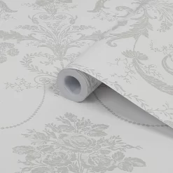 Laura Ashley Josette Dove Grey & White Damask Smooth Wallpaper