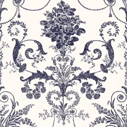 Laura Ashley Josette Midnight & Off White Damask Smooth Wallpaper