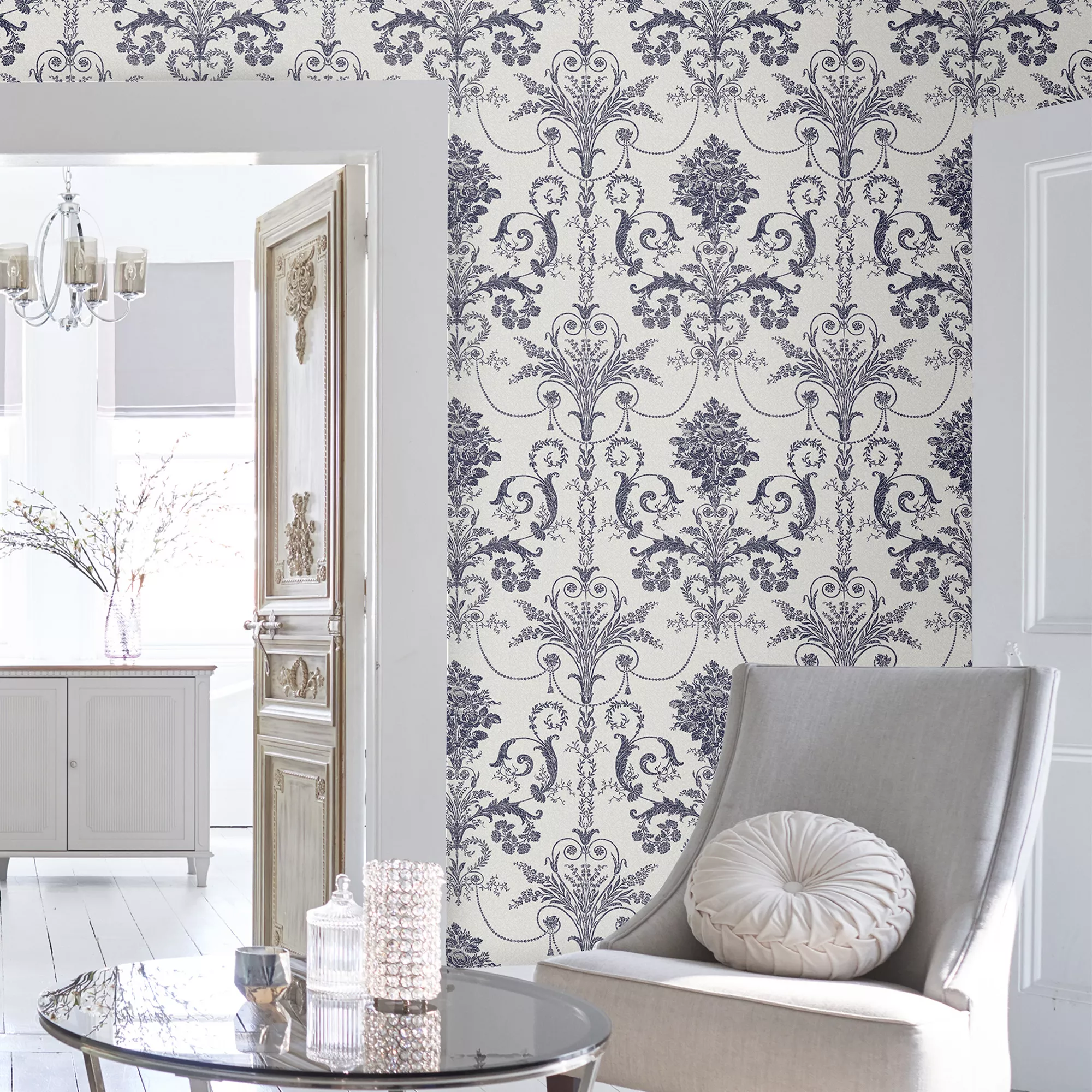 Laura Ashley Josette Midnight & Off White Damask Smooth Wallpaper 4 Laura Ashley Josette Midnight & Off White Damask Smooth Wallpaper - Image 4
