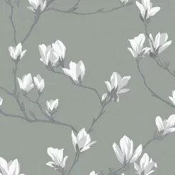 Laura Ashley Magnolia Grove Slate Floral Smooth Wallpaper