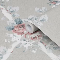 Laura Ashley Timeless Elegance Grey Floral Smooth Wallpaper